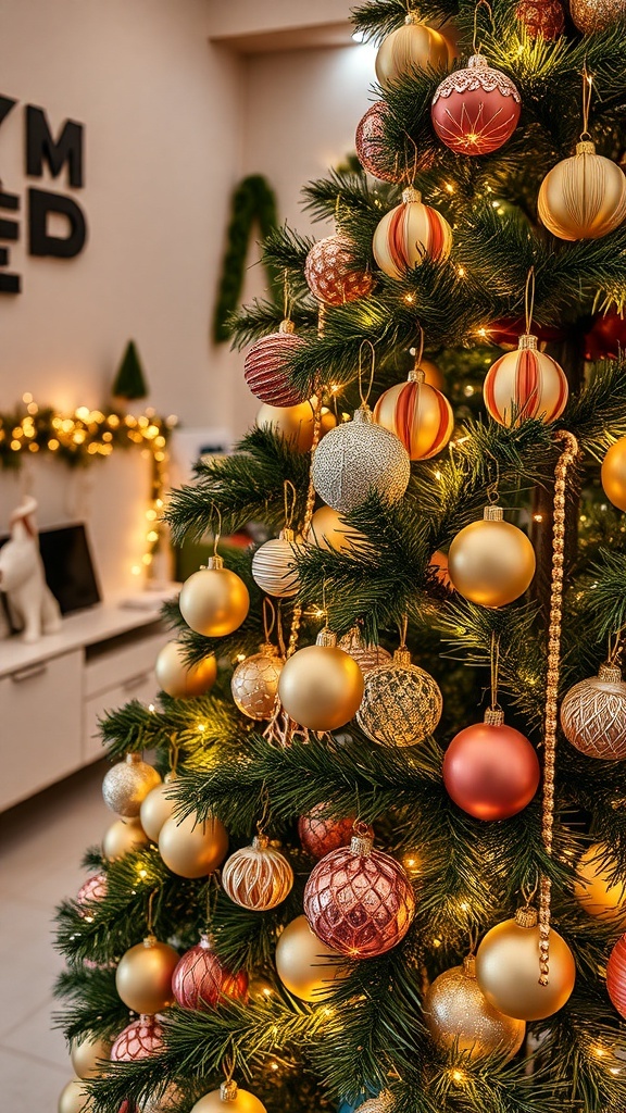 A stylish Christmas tree decorated with Zara ornaments, glowing with fairy lights in a cozy living room.